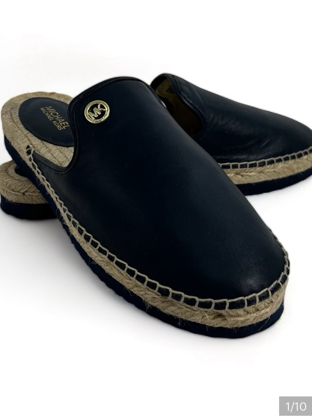 Michael Kors Black Leather Espadrille Mule with black MK Accent